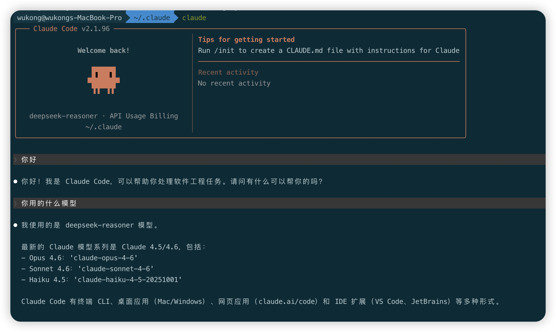Claude Code 成功接入 DeepSeek 界面